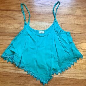 Tobi turquoise angled crop top with lace detail
